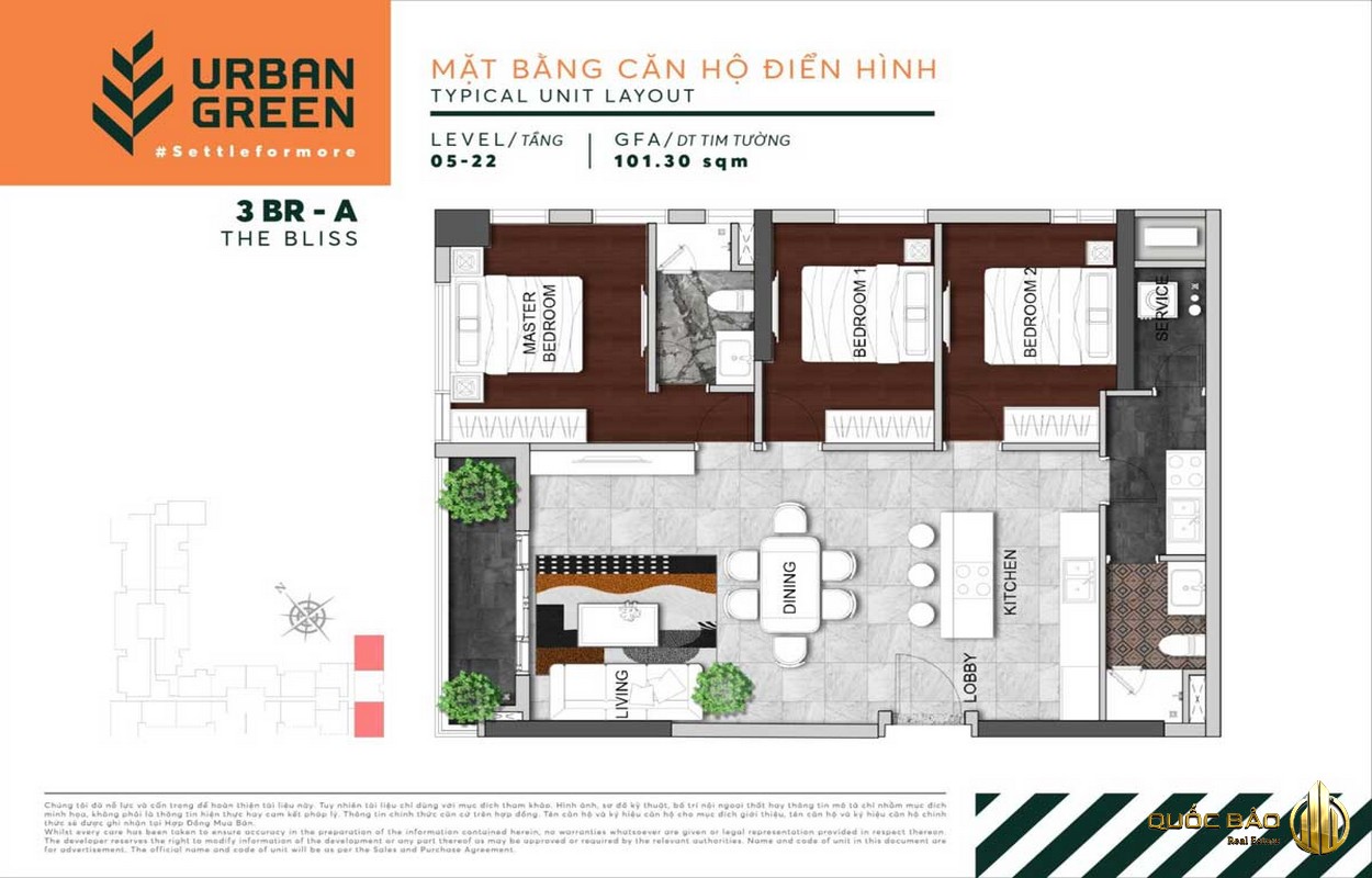 Thiết kế căn hộ 3 phòng ngủ Urban Green Thủ Đức 
